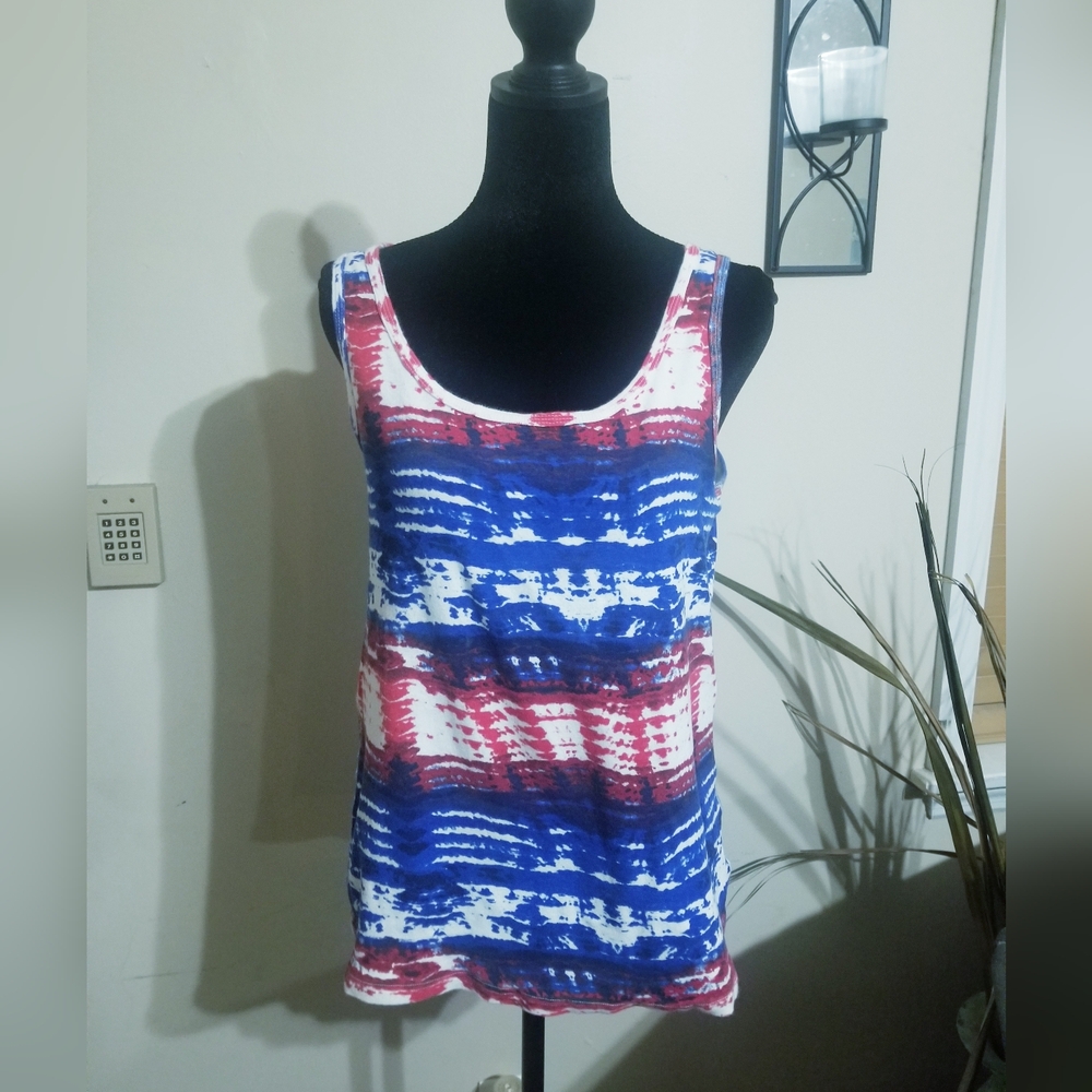 Faded Glory Scoop Neck Tank Top in Red, Blue & White Abstract Stripe